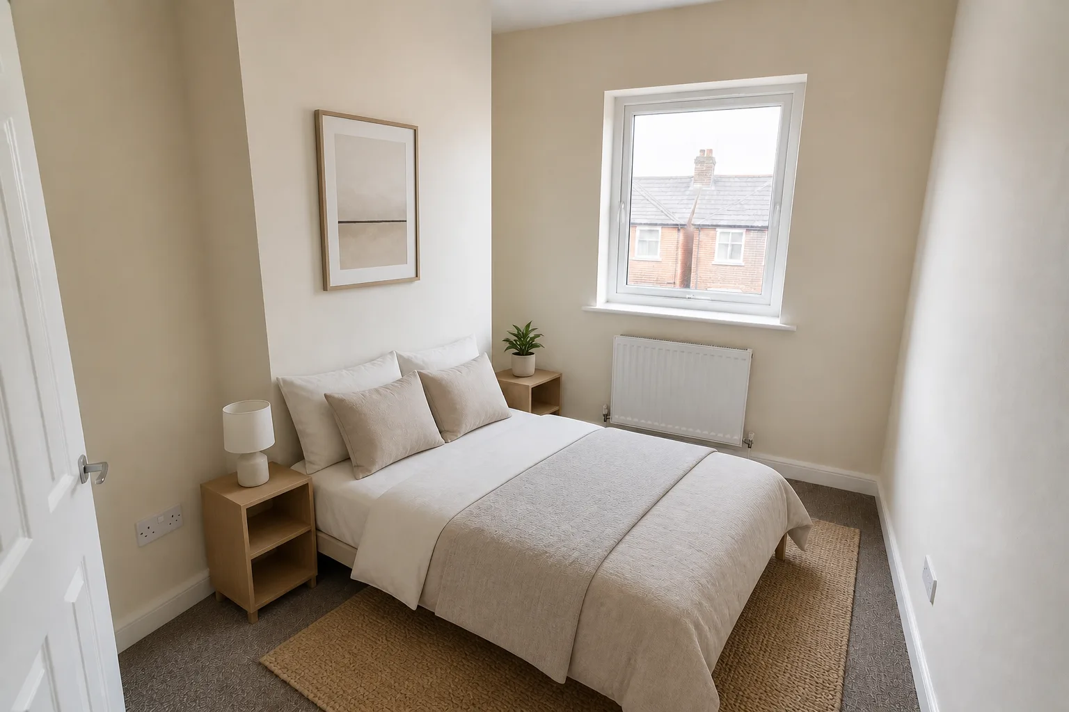 Compact bedroom virtually staged for the first-time buyer profile